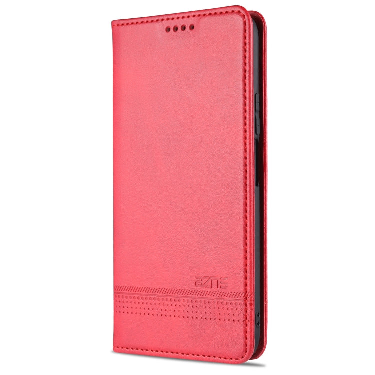 Magnetic flip leather phone case, red with stitched edges and top camera cutout holes