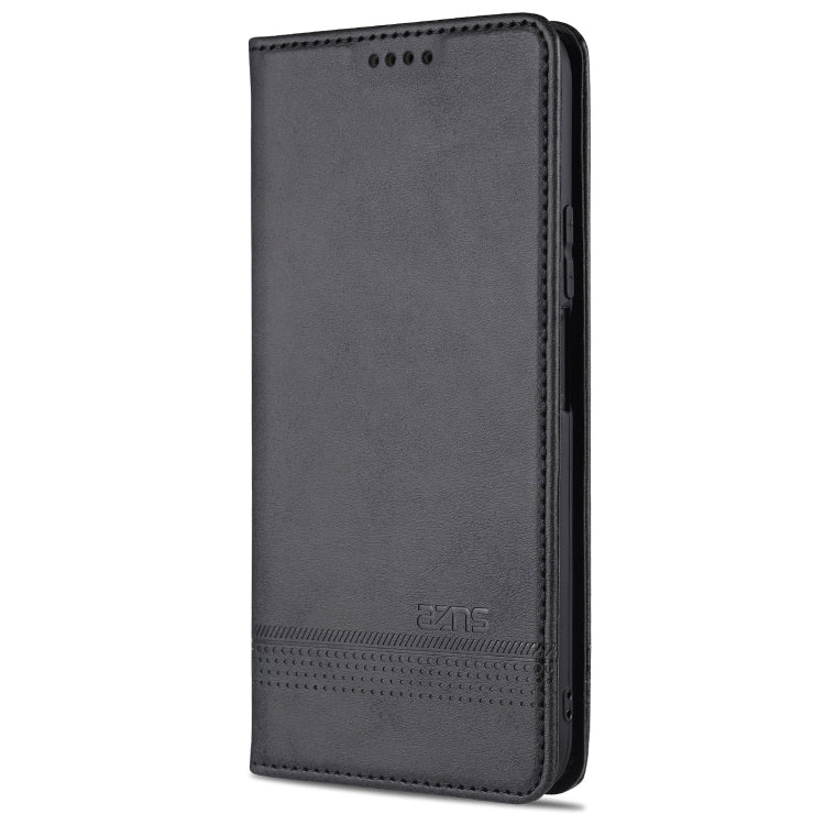 Magnetic flip leather phone case, dark gray/black with stitched trim and top camera cutout holes
