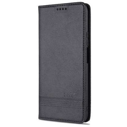 Magnetic flip leather phone case, dark gray/black with stitched trim and top camera cutout holes