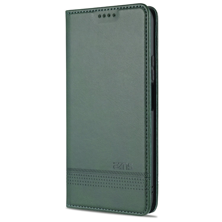 Magnetic flip leather phone case, dark green with embossed branding and top camera cutout holes
