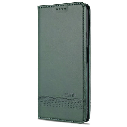 Magnetic flip leather phone case, dark green with embossed branding and top camera cutout holes