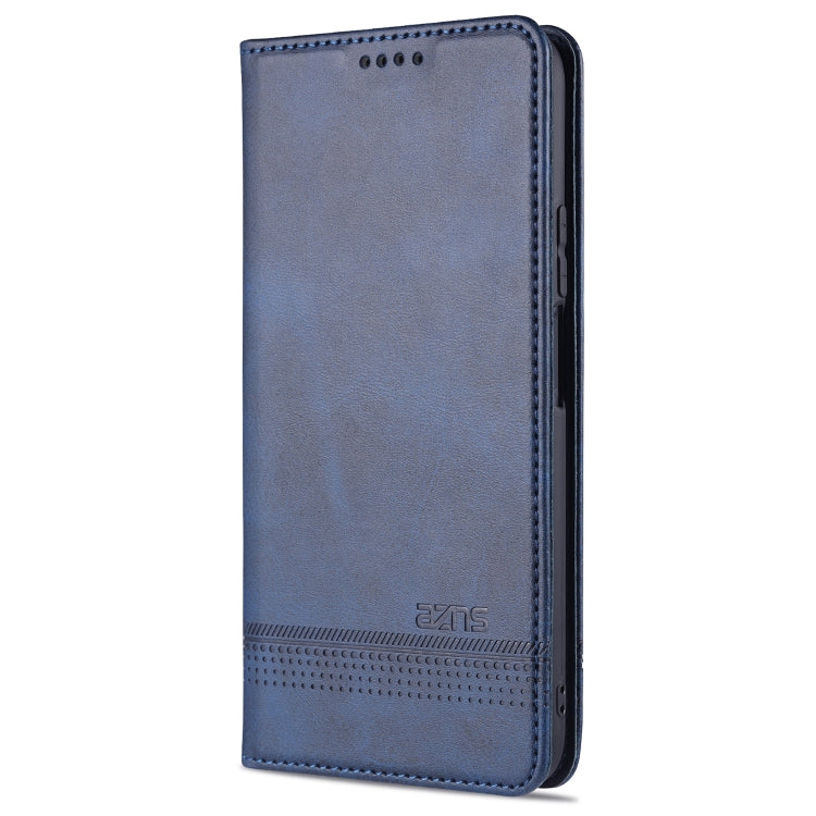 Magnetic flip leather phone case, dark blue with stitched border and top camera cutout holes