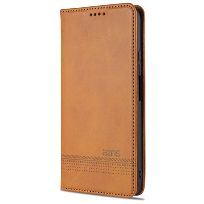 Magnetic flip leather phone case, light brown with perforated band at bottom and top camera cutout holes