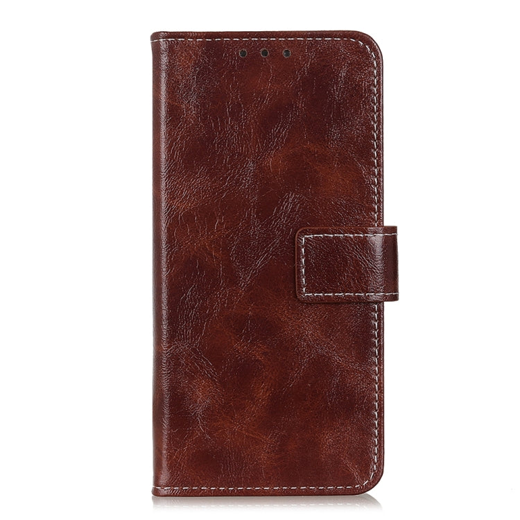 Brown leather flip phone case with stitched front flap and card-slot pocket
