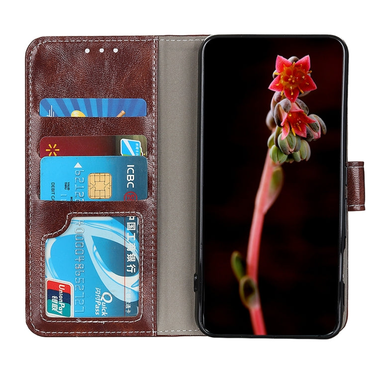 Brown leather flip phone case open view with card slots and phone screen protection