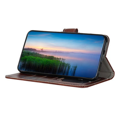 Brown leather flip phone case used as a landscape stand for the phone screen