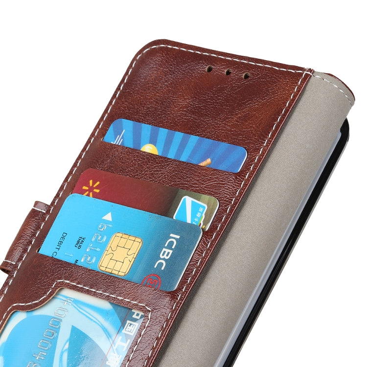 Brown leather flip phone case close-up showing card slots and inner lining