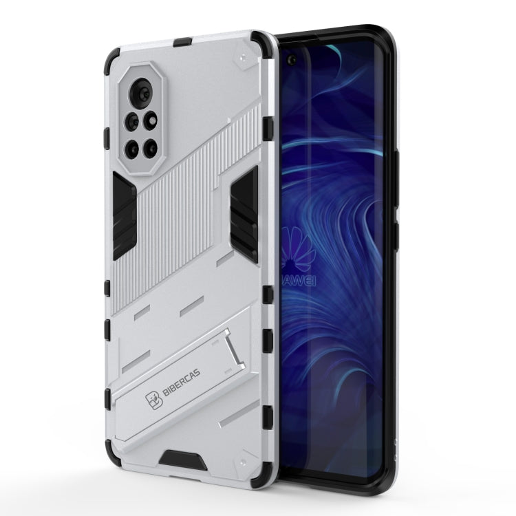 White and black shockproof phone case with textured armor panels and camera cutouts.