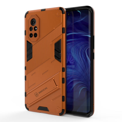 Orange and black shockproof phone case with textured armor panels and camera cutouts.