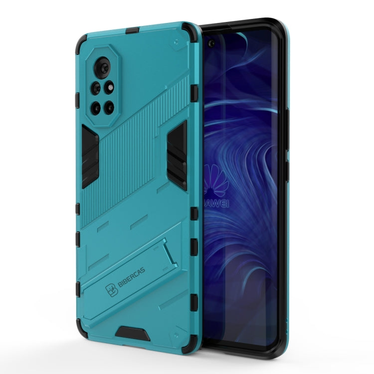 Turquoise rugged phone case with armor texture, black inserts, open to show front display