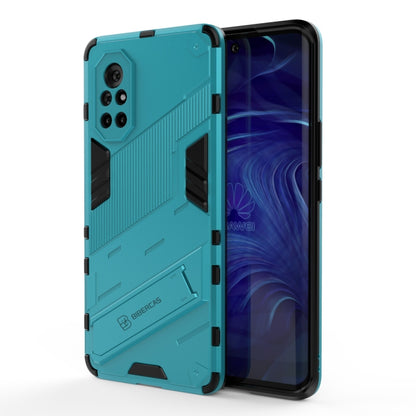 Turquoise rugged phone case with armor texture, black inserts, open to show front display