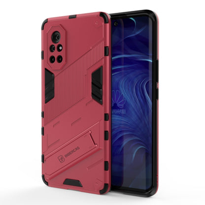 Red rugged shockproof phone case with raised armor design, showing front and back