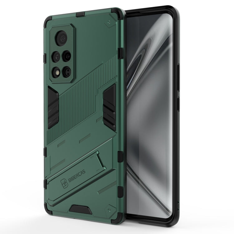 Rugged green phone case with textured armor design, shockproof TPU, screen protected
