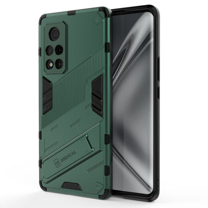 Rugged green phone case with textured armor design, shockproof TPU, screen protected