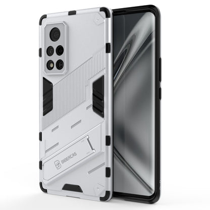 White and black rugged shockproof phone case with raised edges and camera cutouts.