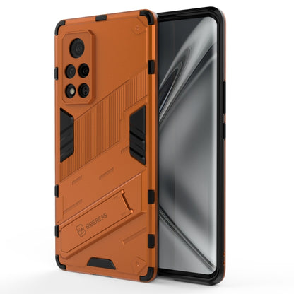 Orange and black rugged shockproof phone case with protective edges and camera cutouts.