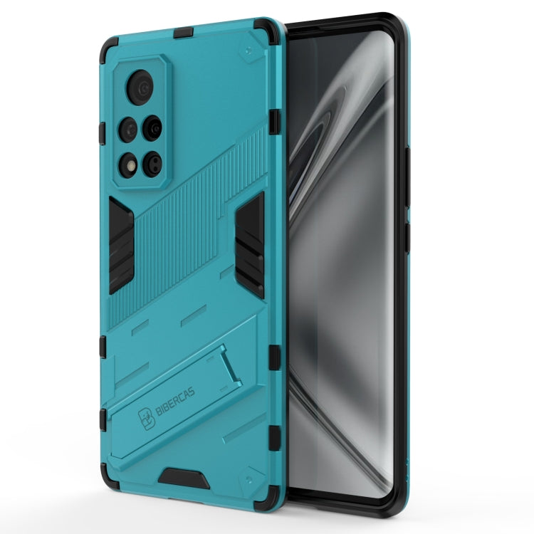 Turquoise rugged phone case with armor texture and black frame, open to show front