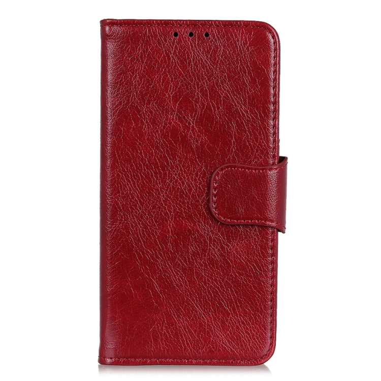 Red nappa-texture leather flip phone wallet case with magnetic-style strap