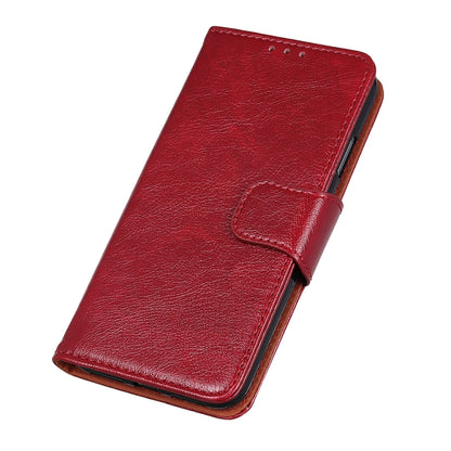 Red nappa-texture leather flip phone case with front pocket and secure flap