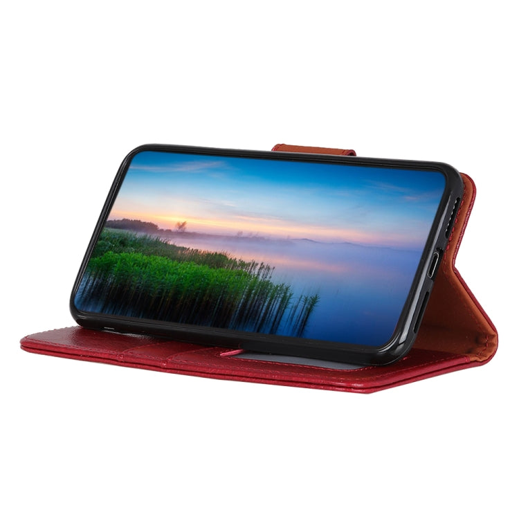 Red nappa-texture leather flip phone case in viewing stand position