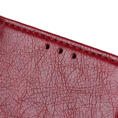 Red leather flip case showing embossed nappa texture and perforated top