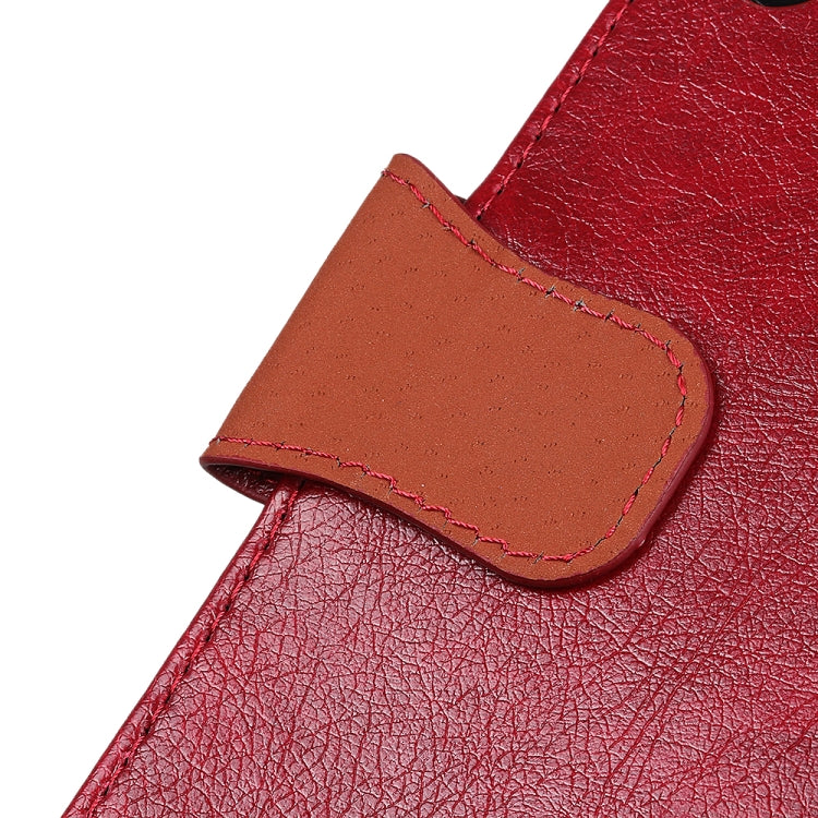 Red leather card slot pocket with tan lining and stitched edge detail