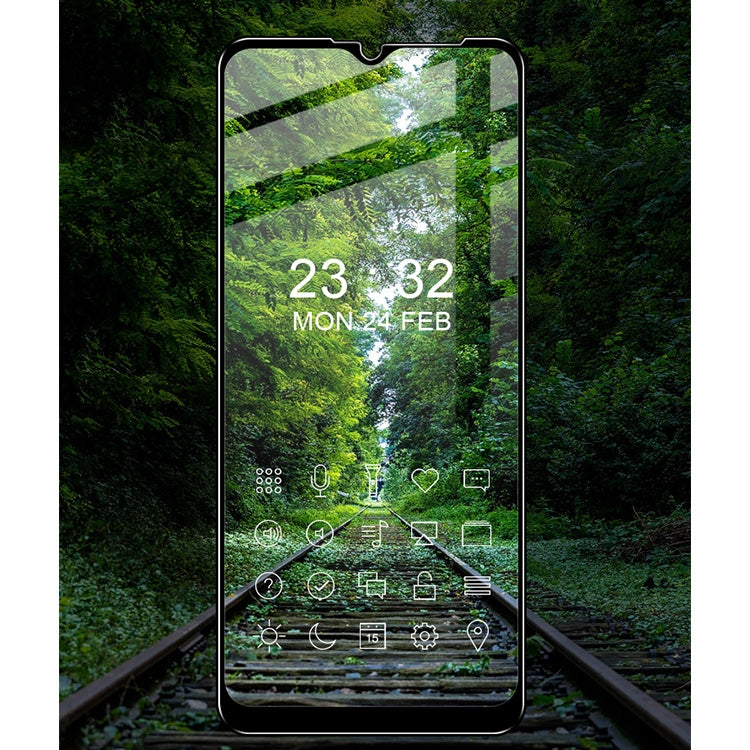 Full-coverage tempered glass screen protector on smartphone, clear transparent panel