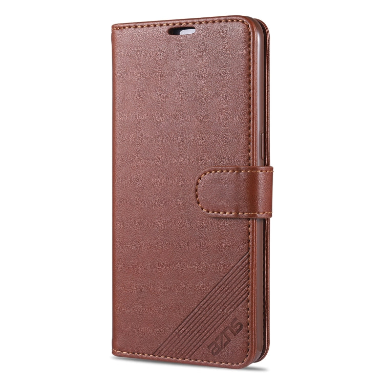 Magnetic flip leather phone case, dark brown, front cover with card slot and stitched border.