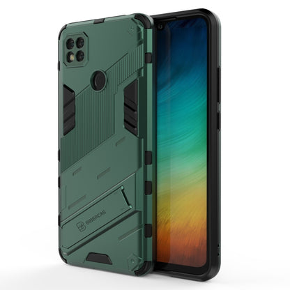 Rugged shockproof phone case with green back armor, textured grips, and camera openings