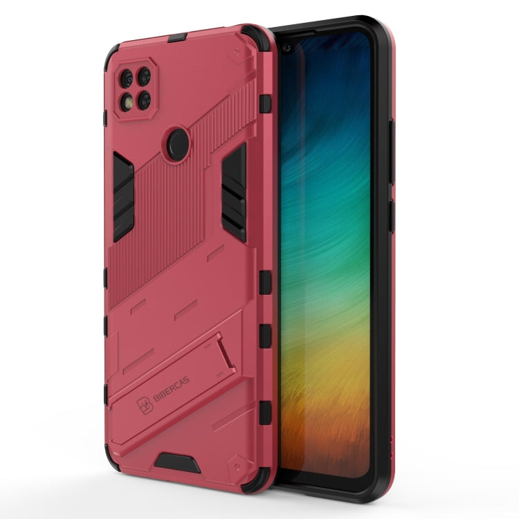 Rugged shockproof phone case with holder, red back with black inserts, phone shown side view.
