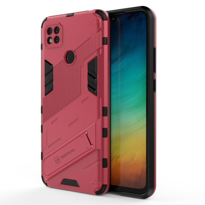 Rugged shockproof phone case with holder, red back with black inserts, phone shown side view.