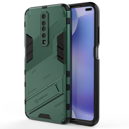 Rugged shockproof phone case with green armor back, side grip rails, and screen cover