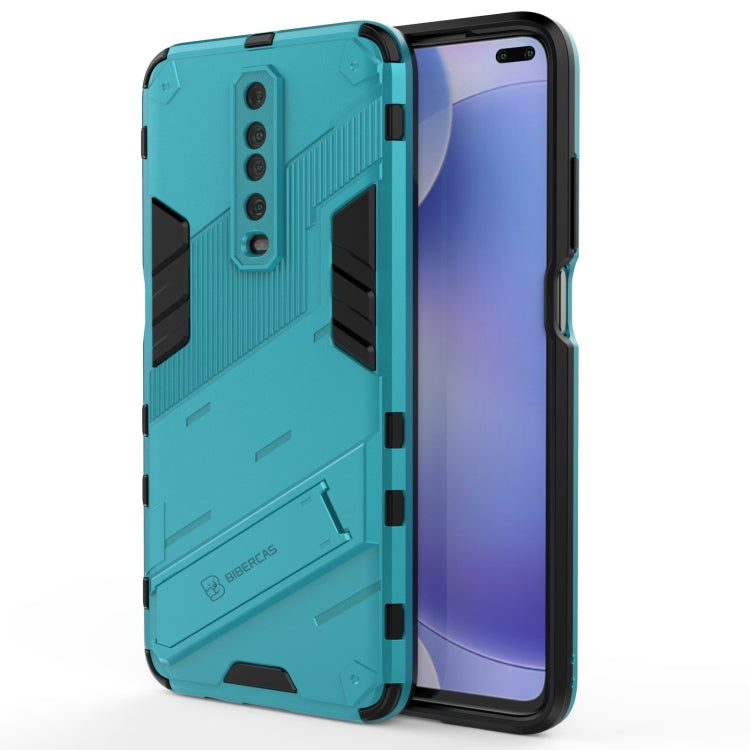 Rugged teal shockproof phone case with side grip bars and camera cutout