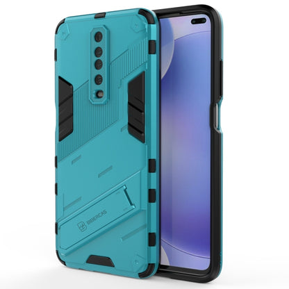 Rugged teal shockproof phone case with side grip bars and camera cutout