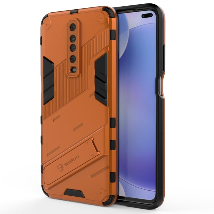 Orange rugged armor phone case, front and back view with protective bumper corners