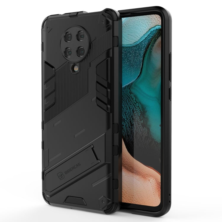 Black rugged armor phone case with protective bumper and camera cutouts on back