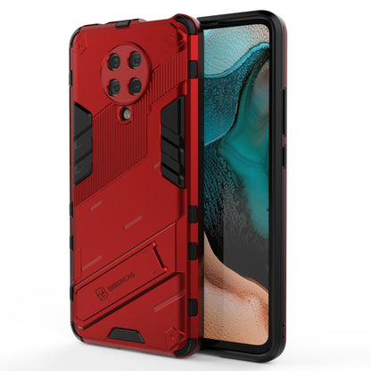 Red shockproof phone case with textured rails and protective bezel around display