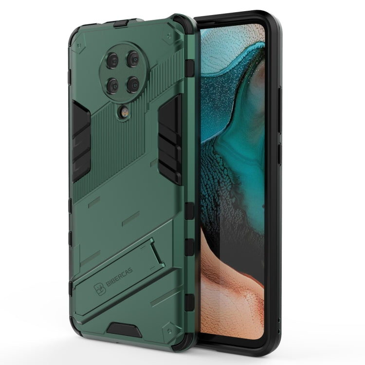 Green rugged phone case with raised camera protection and textured grip details