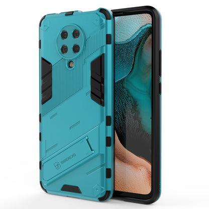 Rugged teal phone case with textured finish, black grips, and camera module openings
