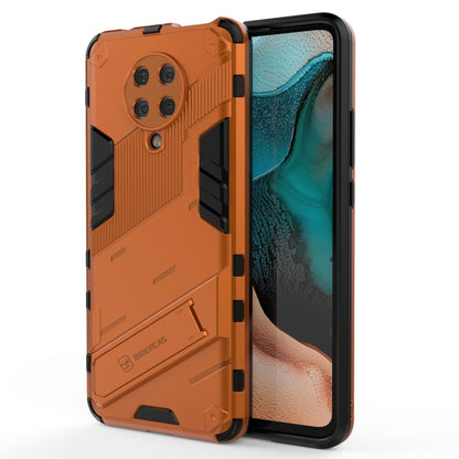 Orange rugged phone case with shockproof bumper and hidden holder, close front and back