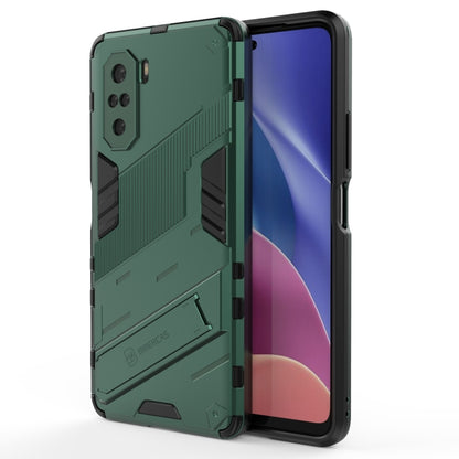 Green rugged phone case with side grips and protective bumper around the screen