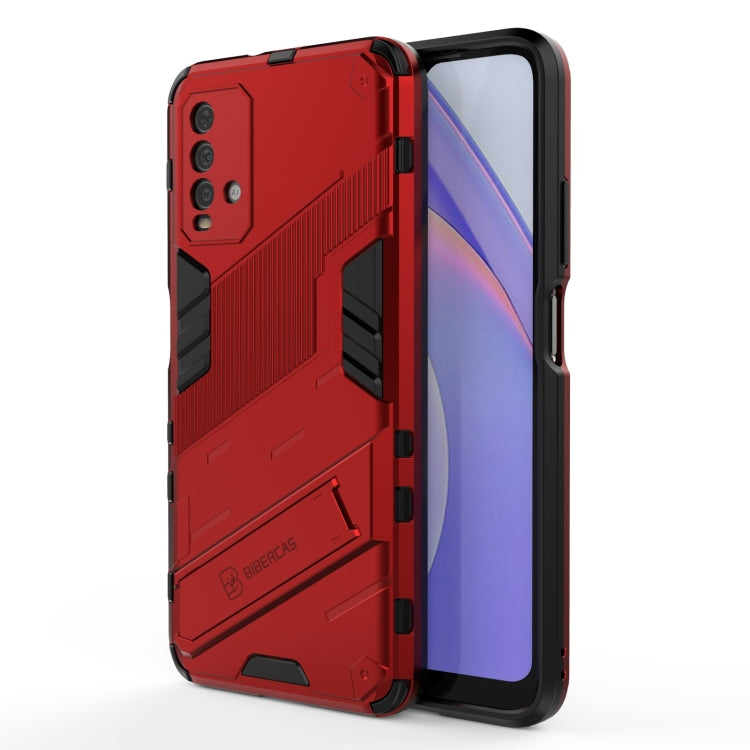 Red rugged shockproof phone case with camera cluster cutout and grip panels
