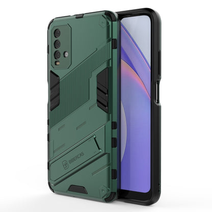 Green rugged phone case showing camera cutouts and shockproof corner bumpers