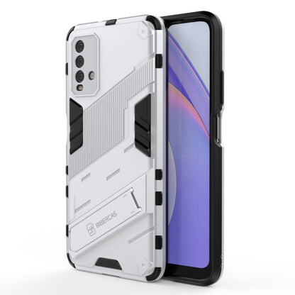 Rugged white phone case with black corner bumpers and raised edge protection
