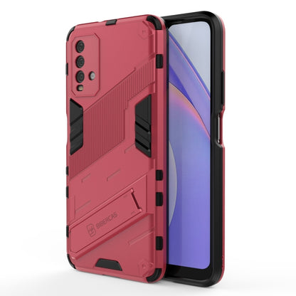 Rugged shockproof phone case with holder, red back armor design and black reinforced corners.
