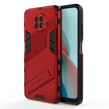 Red armored phone case with textured back and raised edges for screen protection
