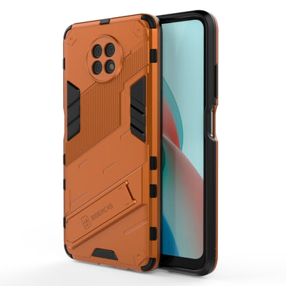 Orange rugged phone case with shockproof TPU bumper and hidden holder, front and back