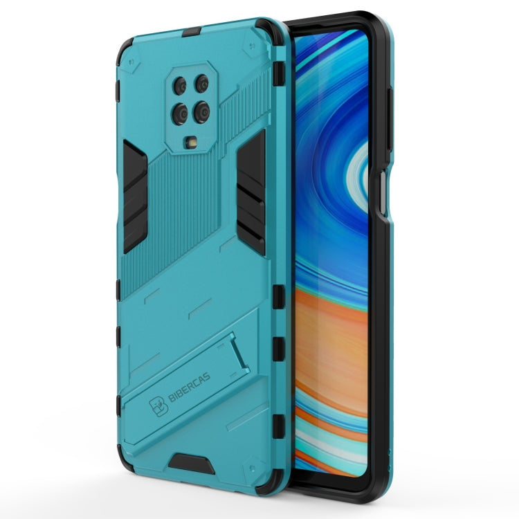 Rugged shockproof phone case with holder, teal with black accents, for touchscreen phone.