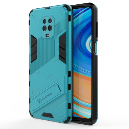 Rugged shockproof phone case with holder, teal with black accents, for touchscreen phone.