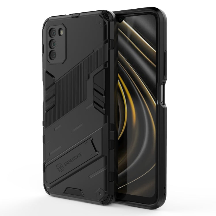 Black rugged armor phone case with textured grip panels and side buttons